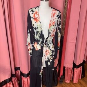 Vintage Floral Kimono in Black and Pink